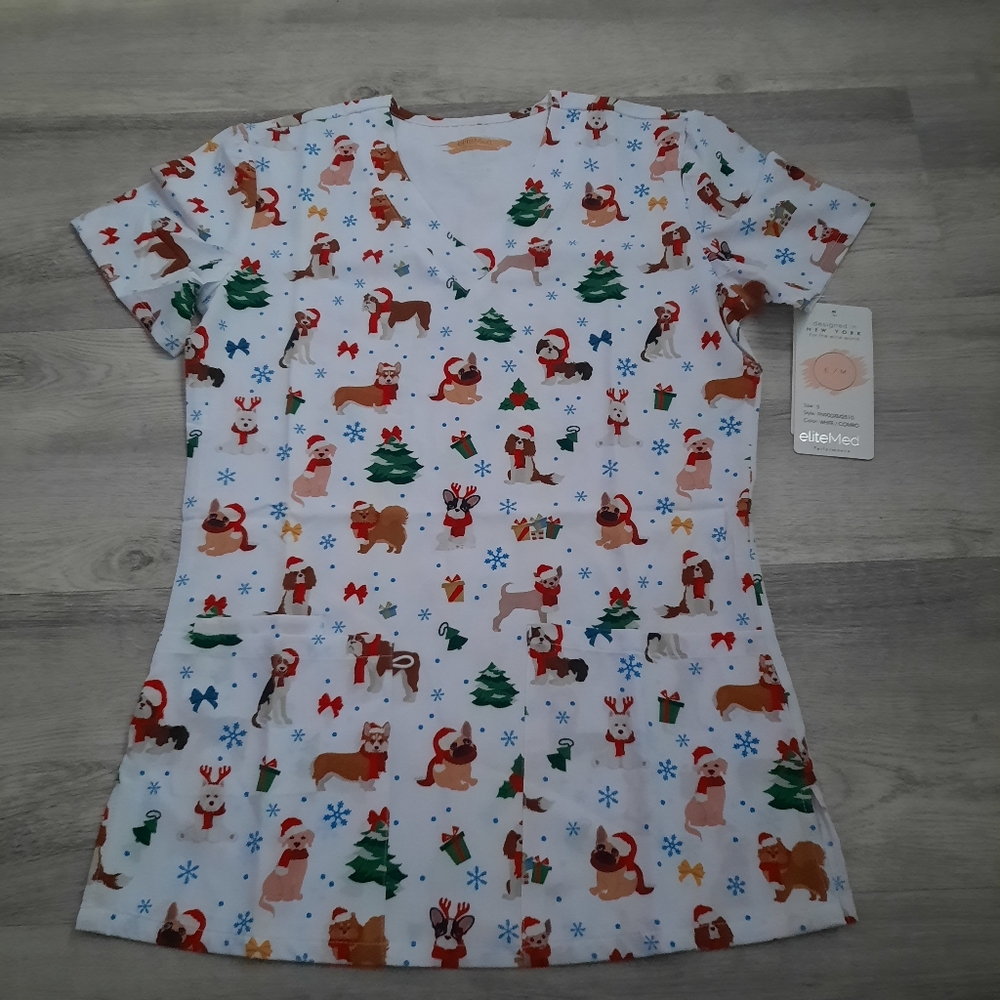 EliteMed Christmas Dog Themed Scrub Top